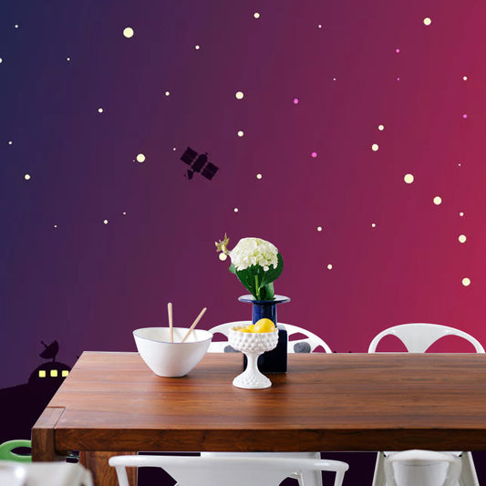 Galaxy and House Mural Wallpaper for Kid's Bedroom, Red and Black, Custom-Printed Clearhalo 'Wall Decor' 'Wall Mural' 1048939