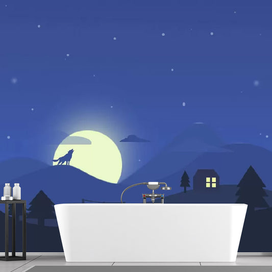 Blue Mountain and Moon Mural Wallpaper Moisture-Resistant Wall Art for Kid's Bedroom