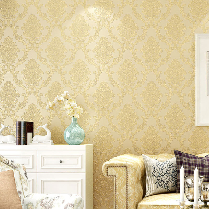 Classic Damask Design Wallpaper Guest Room Decorative Self-Adhesive Wall Covering, 20.5"W x 19.5'L Yellow Clearhalo 'Vintage wall decor' 'Vintage' 'Wallpaper' Wall Decor' 1049138
