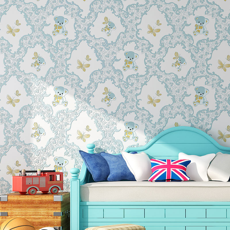 Cartoon Bear Wall Decor in Pastel Color Vinyl Wallpaper Roll for Kid, 23.5-inch x 29.5-foot, Self-Adhesive Blue Clearhalo 'Wall Decor' 'Wallpaper' 1049224