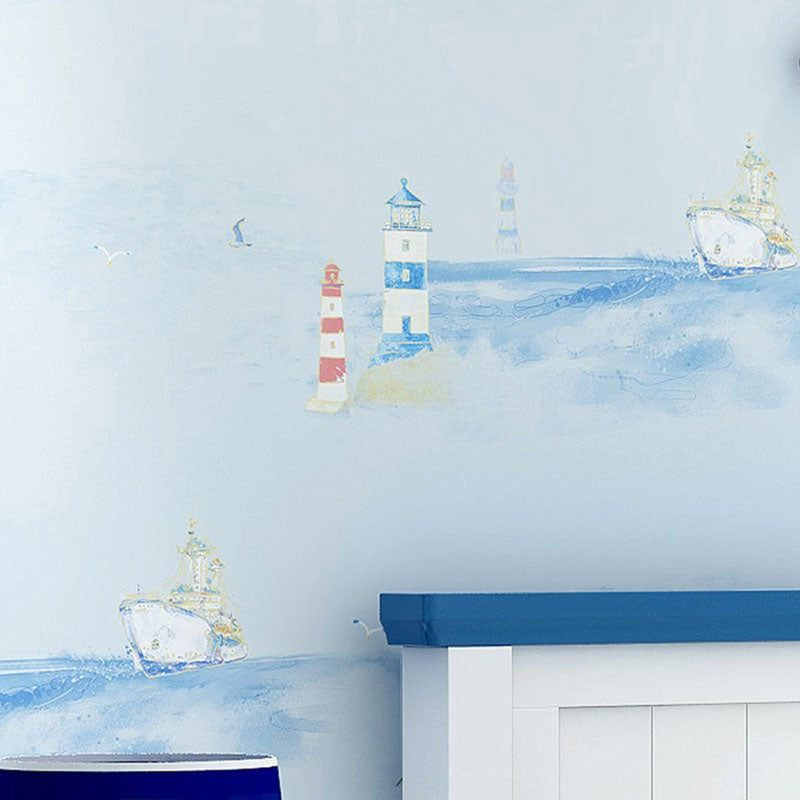 Sailing Boats Wallpaper Roll for Kid's Bedroom Minimalist Wall Covering, 33-foot x 20.5-inch Light Blue Clearhalo 'Wall Decor' 'Wallpaper' 1049273