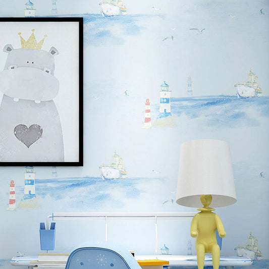 Sailing Boats Wallpaper Roll for Kid's Bedroom Minimalist Wall Covering, 33-foot x 20.5-inch Clearhalo 'Wall Decor' 'Wallpaper' 1049274