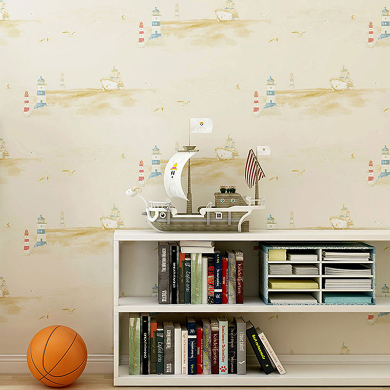 Sailing Boats Wallpaper Roll for Kid's Bedroom Minimalist Wall Covering, 33-foot x 20.5-inch Beige Clearhalo 'Wall Decor' 'Wallpaper' 1049278