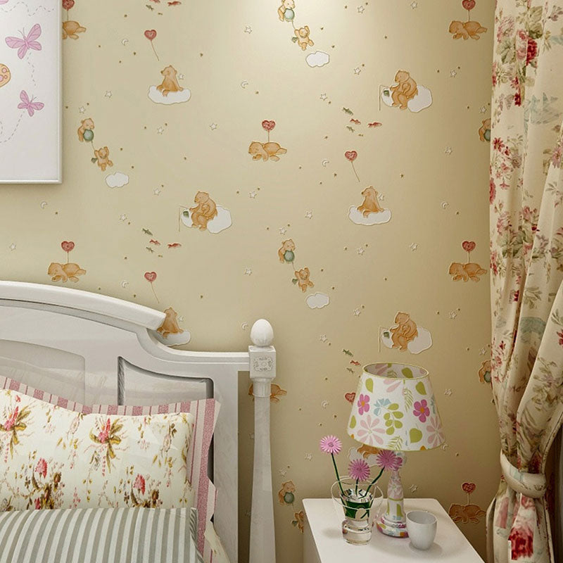 Simplicity Cartoon Bear Wallpaper in Soft Color Children's Bedroom Wall Decor, 31'L x 20.5"W Light Yellow Clearhalo 'Wall Decor' 'Wallpaper' 1049328