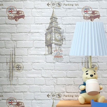 Cartoon Big Ben Wallpaper Roll Non-Woven Wall Decor for Children's Bedroom, 20.5"W x 33'L Grey Clearhalo 'Wall Decor' 'Wallpaper' 1049341