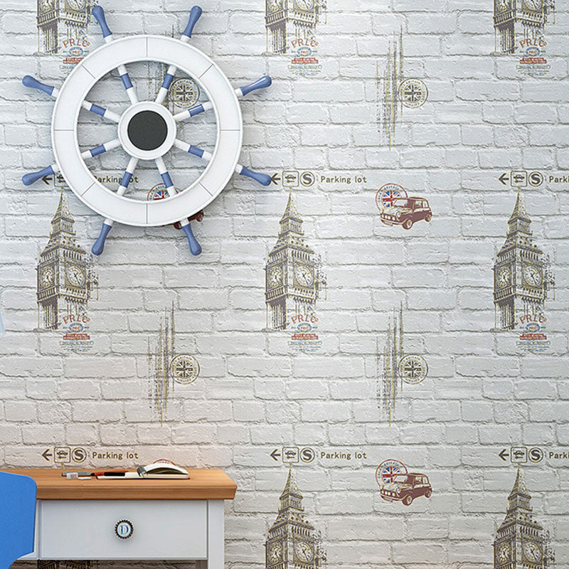 Cartoon Big Ben Wallpaper Roll Non-Woven Wall Decor for Children's Bedroom, 20.5"W x 33'L Clearhalo 'Wall Decor' 'Wallpaper' 1049342