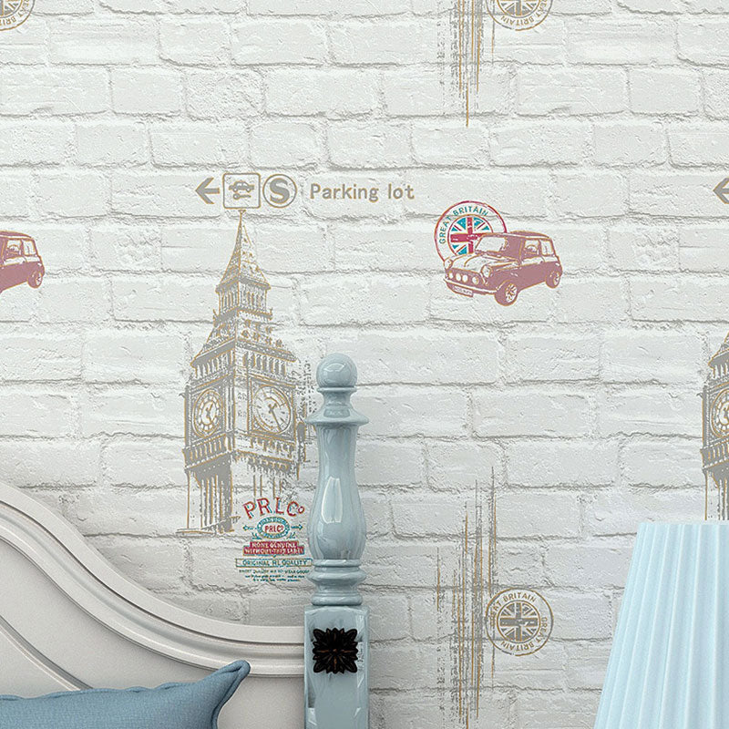 Cartoon Big Ben Wallpaper Roll Non-Woven Wall Decor for Children's Bedroom, 20.5"W x 33'L Light Gray Clearhalo 'Wall Decor' 'Wallpaper' 1049346