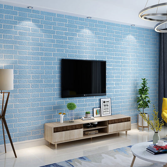 Brick Effect Wall Covering for Coffee Shop Flock Textured Wallpaper in Pastel Color, Water-Resistant Sky Blue Clearhalo 'Modern wall decor' 'Modern' 'Wallpaper' Wall Decor' 1049637