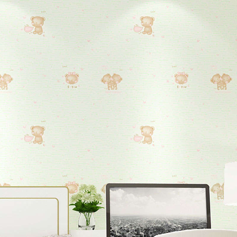 Soft Color Minimalist Wallpaper Cartoon Bear Wall Covering for Kid's Bedroom, 31' by 20.5" Light Green Clearhalo 'Wall Decor' 'Wallpaper' 1049712