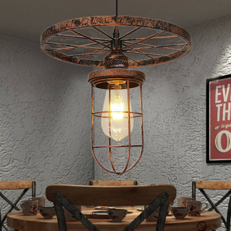 Bronze Wire Frame Hanging Lamp Industrial Stylish Wrought Iron 1 Light Restaurant Ceiling Light with Wheel Bronze Clearhalo 'Art Deco Pendants' 'Cast Iron' 'Ceiling Lights' 'Ceramic' 'Crystal' 'Industrial Pendants' 'Industrial' 'Metal' 'Middle Century Pendants' 'Pendant Lights' 'Pendants' 'Tiffany' Lighting' 105256