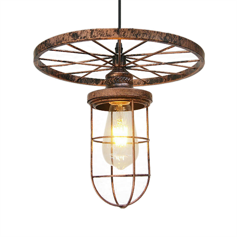 Bronze Wire Frame Hanging Lamp Industrial Stylish Wrought Iron 1 Light Restaurant Ceiling Light with Wheel Clearhalo 'Art Deco Pendants' 'Cast Iron' 'Ceiling Lights' 'Ceramic' 'Crystal' 'Industrial Pendants' 'Industrial' 'Metal' 'Middle Century Pendants' 'Pendant Lights' 'Pendants' 'Tiffany' Lighting' 105258