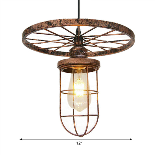 Bronze Wire Frame Hanging Lamp Industrial Stylish Wrought Iron 1 Light Restaurant Ceiling Light with Wheel Clearhalo 'Art Deco Pendants' 'Cast Iron' 'Ceiling Lights' 'Ceramic' 'Crystal' 'Industrial Pendants' 'Industrial' 'Metal' 'Middle Century Pendants' 'Pendant Lights' 'Pendants' 'Tiffany' Lighting' 105259