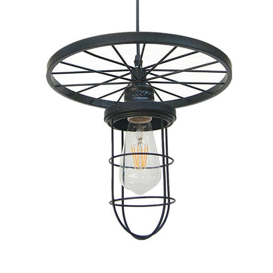 Metal Wire Cage Ceiling Fixture with Wheel Deco Industrial Style 1 Head Dining Room Pendant Ceiling Light in Black Clearhalo 'Art Deco Pendants' 'Black' 'Cast Iron' 'Ceiling Lights' 'Ceramic' 'Crystal' 'Industrial Pendants' 'Industrial' 'Metal' 'Middle Century Pendants' 'Pendant Lights' 'Pendants' 'Rustic Pendants' 'Tiffany' Lighting' 105266