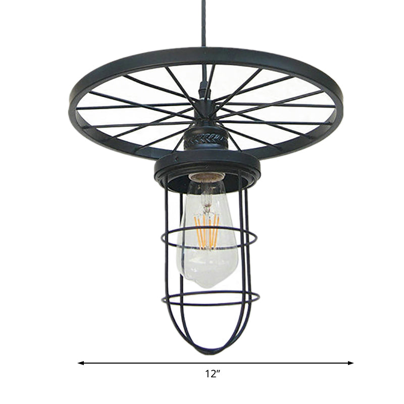 Metal Wire Cage Ceiling Fixture with Wheel Deco Industrial Style 1 Head Dining Room Pendant Ceiling Light in Black Clearhalo 'Art Deco Pendants' 'Black' 'Cast Iron' 'Ceiling Lights' 'Ceramic' 'Crystal' 'Industrial Pendants' 'Industrial' 'Metal' 'Middle Century Pendants' 'Pendant Lights' 'Pendants' 'Rustic Pendants' 'Tiffany' Lighting' 105267