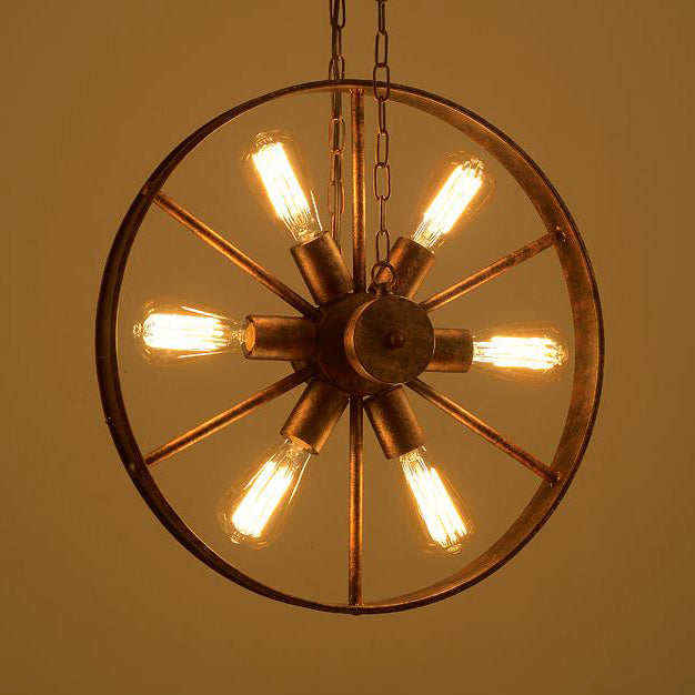 Wheel Shaped Wrought Iron Hanging Lamp Antique Style 6 Lights Kitchen Chandelier Pendant Light in Rust Rust Clearhalo 'Cast Iron' 'Ceiling Lights' 'Chandeliers' 'Industrial Chandeliers' 'Industrial' 'Metal' 'Middle Century Chandeliers' 'Rustic Chandeliers' 'Tiffany' Lighting' 105457