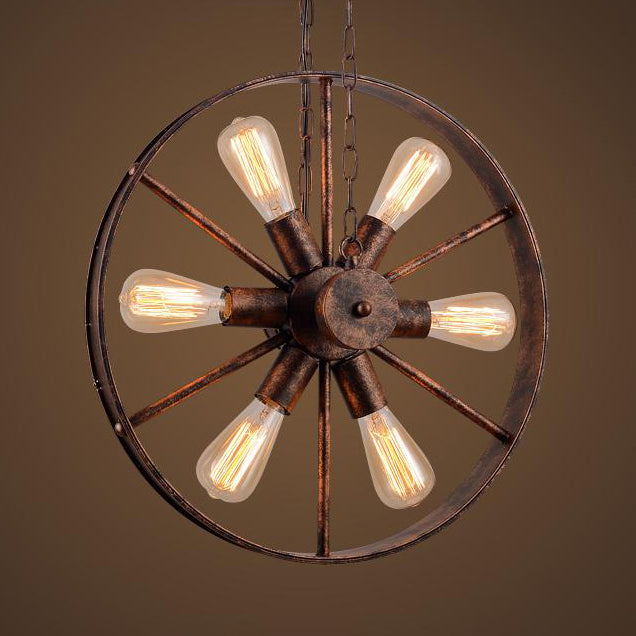 Wheel Shaped Wrought Iron Hanging Lamp Antique Style 6 Lights Kitchen Chandelier Pendant Light in Rust Clearhalo 'Cast Iron' 'Ceiling Lights' 'Chandeliers' 'Industrial Chandeliers' 'Industrial' 'Metal' 'Middle Century Chandeliers' 'Rustic Chandeliers' 'Tiffany' Lighting' 105458