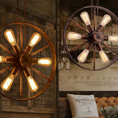 Wheel Shaped Wrought Iron Hanging Lamp Antique Style 6 Lights Kitchen Chandelier Pendant Light in Rust Clearhalo 'Cast Iron' 'Ceiling Lights' 'Chandeliers' 'Industrial Chandeliers' 'Industrial' 'Metal' 'Middle Century Chandeliers' 'Rustic Chandeliers' 'Tiffany' Lighting' 105460