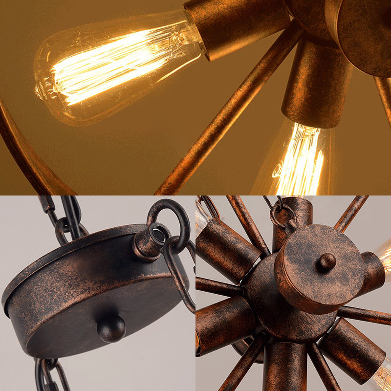 Wheel Shaped Wrought Iron Hanging Lamp Antique Style 6 Lights Kitchen Chandelier Pendant Light in Rust Clearhalo 'Cast Iron' 'Ceiling Lights' 'Chandeliers' 'Industrial Chandeliers' 'Industrial' 'Metal' 'Middle Century Chandeliers' 'Rustic Chandeliers' 'Tiffany' Lighting' 105461