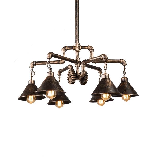 Conical Metal Chandelier Lighting Farmhouse 6 Bulbs Dining Room Ceiling Pendant Light with Pipe and Gear in Bronze Bronze Clearhalo 'Cast Iron' 'Ceiling Lights' 'Chandeliers' 'Industrial Chandeliers' 'Industrial' 'Metal' 'Middle Century Chandeliers' 'Rustic Chandeliers' 'Tiffany' Lighting' 105463