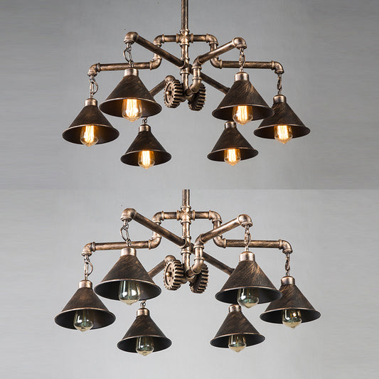 Conical Metal Chandelier Lighting Farmhouse 6 Bulbs Dining Room Ceiling Pendant Light with Pipe and Gear in Bronze Clearhalo 'Cast Iron' 'Ceiling Lights' 'Chandeliers' 'Industrial Chandeliers' 'Industrial' 'Metal' 'Middle Century Chandeliers' 'Rustic Chandeliers' 'Tiffany' Lighting' 105464