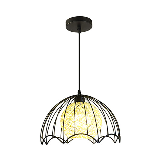 Dome Caged Metal Hanging Lamp Industrial 1 Light Dining Room Ceiling Light with Rattan Shade in Black Clearhalo 'Art Deco Pendants' 'Black' 'Cast Iron' 'Ceiling Lights' 'Ceramic' 'Crystal' 'Industrial Pendants' 'Industrial' 'Metal' 'Middle Century Pendants' 'Pendant Lights' 'Pendants' 'Rustic Pendants' 'Tiffany' Lighting' 105505