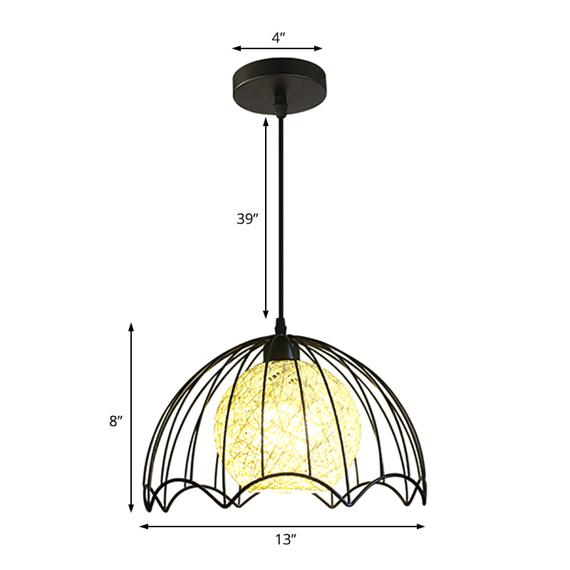Dome Caged Metal Hanging Lamp Industrial 1 Light Dining Room Ceiling Light with Rattan Shade in Black Clearhalo 'Art Deco Pendants' 'Black' 'Cast Iron' 'Ceiling Lights' 'Ceramic' 'Crystal' 'Industrial Pendants' 'Industrial' 'Metal' 'Middle Century Pendants' 'Pendant Lights' 'Pendants' 'Rustic Pendants' 'Tiffany' Lighting' 105506