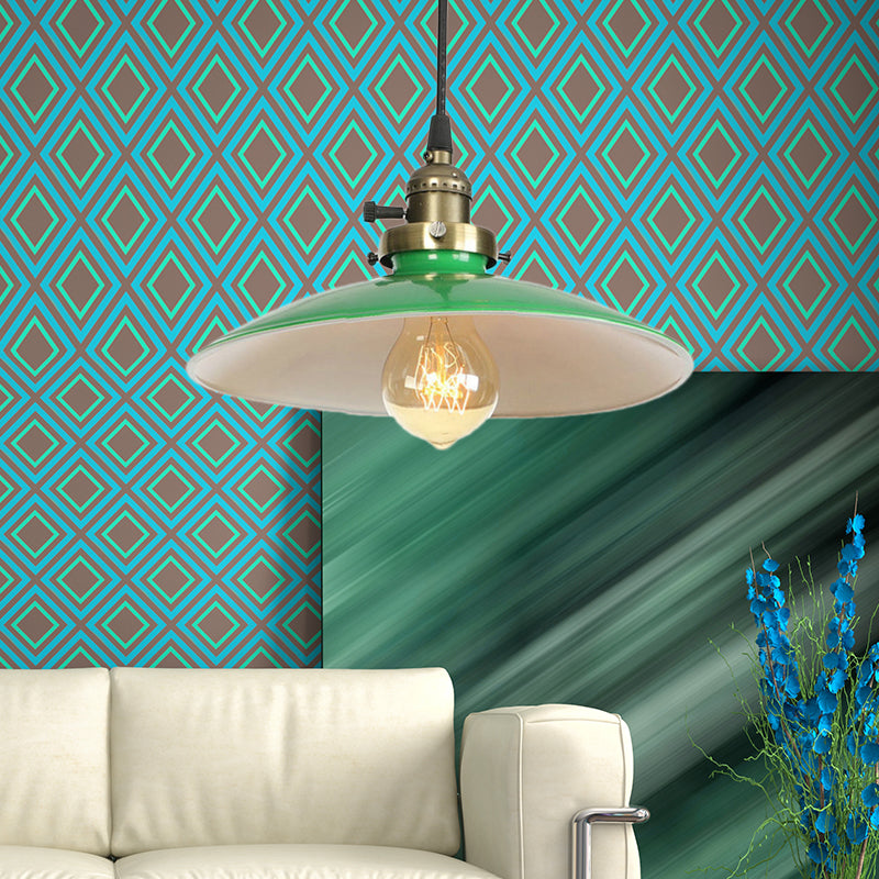Metallic Saucer Suspended Light Vintage Style 1 Bulb Dining Table Hanging Lamp in Green Green Clearhalo 'Art Deco Pendants' 'Cast Iron' 'Ceiling Lights' 'Ceramic' 'Crystal' 'Industrial Pendants' 'Industrial' 'Metal' 'Middle Century Pendants' 'Pendant Lights' 'Pendants' 'Tiffany' Lighting' 105507