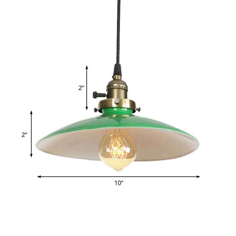 Metallic Saucer Suspended Light Vintage Style 1 Bulb Dining Table Hanging Lamp in Green Clearhalo 'Art Deco Pendants' 'Cast Iron' 'Ceiling Lights' 'Ceramic' 'Crystal' 'Industrial Pendants' 'Industrial' 'Metal' 'Middle Century Pendants' 'Pendant Lights' 'Pendants' 'Tiffany' Lighting' 105510