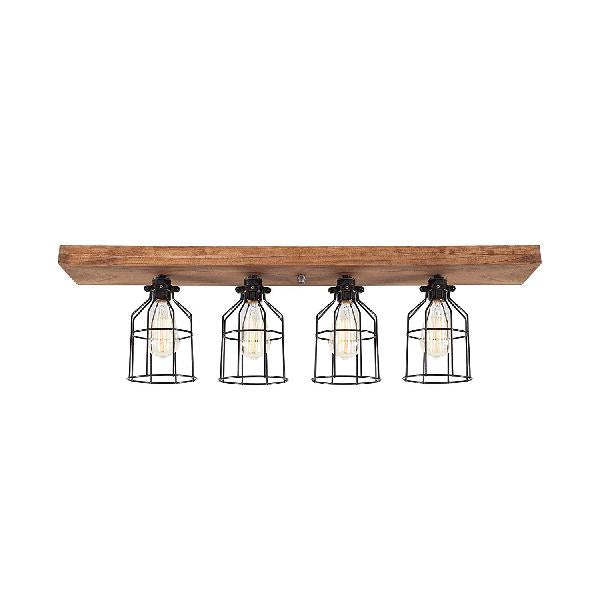 4 Bulbs Iron Semi Flush Ceiling Light Industrial Black Finish Wire Cage Kitchen Ceiling Fixture with Linear Wooden Canopy Black Clearhalo 'Ceiling Lights' 'Close To Ceiling Lights' 'Close to ceiling' 'Semi-flushmount' Lighting' 105523