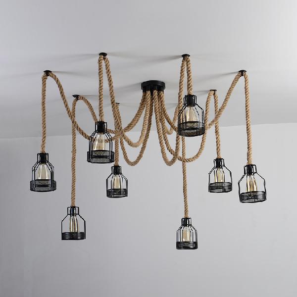 Black Swag Ceiling Fixture with Wire Cage Shade Antique Iron and Hemp Rope 8 Bulbs Restaurant Hanging Light Clearhalo 'Art Deco Pendants' 'Black' 'Cast Iron' 'Ceiling Lights' 'Ceramic' 'Crystal' 'Industrial Pendants' 'Industrial' 'Metal' 'Middle Century Pendants' 'Pendant Lights' 'Pendants' 'Rustic Pendants' 'Tiffany' Lighting' 105544