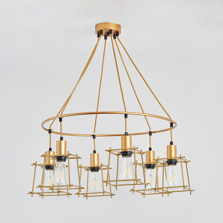 Retro Stylish Ring Chandelier Lighting with Squared Cage Shade 6 Bulbs Iron Hanging Light in Gold Clearhalo 'Cast Iron' 'Ceiling Lights' 'Chandeliers' 'Industrial Chandeliers' 'Industrial' 'Metal' 'Middle Century Chandeliers' 'Rustic Chandeliers' 'Tiffany' Lighting' 105565