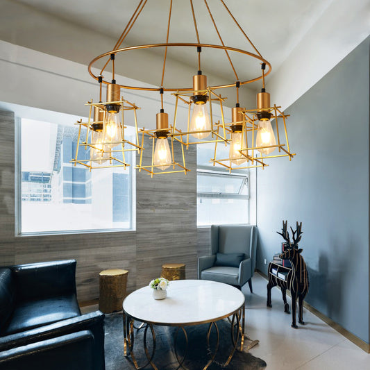 Retro Stylish Ring Chandelier Lighting with Squared Cage Shade 6 Bulbs Iron Hanging Light in Gold Clearhalo 'Cast Iron' 'Ceiling Lights' 'Chandeliers' 'Industrial Chandeliers' 'Industrial' 'Metal' 'Middle Century Chandeliers' 'Rustic Chandeliers' 'Tiffany' Lighting' 105567