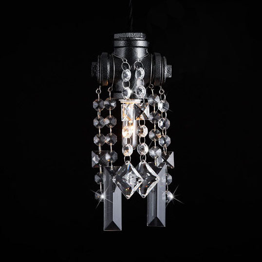 Black Water Pipe Suspension Lamp Single Light Industrial Metal Ceiling Fixture with Crystal for Cafe Black Clearhalo 'Art Deco Pendants' 'Black' 'Cast Iron' 'Ceiling Lights' 'Ceramic' 'Crystal' 'Industrial Pendants' 'Industrial' 'Metal' 'Middle Century Pendants' 'Pendant Lights' 'Pendants' 'Rustic Pendants' 'Tiffany' Lighting' 105573