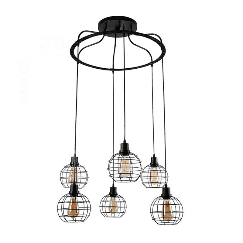 Industrial Style Global Hanging Lamp 6 Bulbs Metallic Suspended Light with Wire Cage Shade in Black Clearhalo 'Art Deco Pendants' 'Black' 'Cast Iron' 'Ceiling Lights' 'Ceramic' 'Crystal' 'Industrial Pendants' 'Industrial' 'Metal' 'Middle Century Pendants' 'Pendant Lights' 'Pendants' 'Rustic Pendants' 'Tiffany' Lighting' 105581