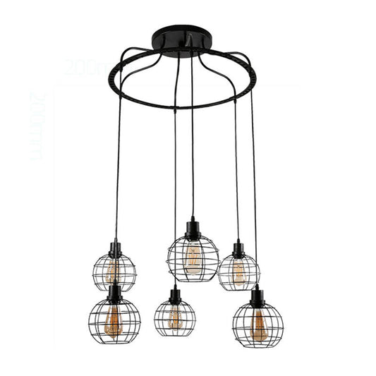 Industrial Style Global Hanging Lamp 6 Bulbs Metallic Suspended Light with Wire Cage Shade in Black Clearhalo 'Art Deco Pendants' 'Black' 'Cast Iron' 'Ceiling Lights' 'Ceramic' 'Crystal' 'Industrial Pendants' 'Industrial' 'Metal' 'Middle Century Pendants' 'Pendant Lights' 'Pendants' 'Rustic Pendants' 'Tiffany' Lighting' 105581