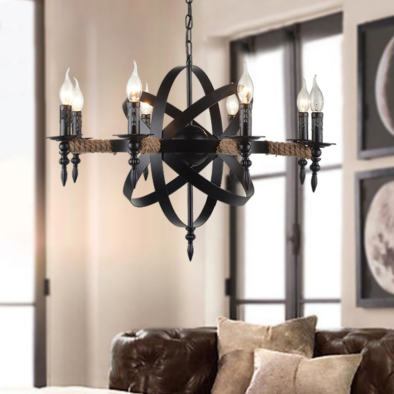 Orbit Cage Metal Chandelier Lamp with Candle Design Antique Style 8 Lights Living Room Pendant Light Fixture in Black Black Clearhalo 'Cast Iron' 'Ceiling Lights' 'Chandeliers' 'Industrial Chandeliers' 'Industrial' 'Metal' 'Middle Century Chandeliers' 'Rustic Chandeliers' 'Tiffany' Lighting' 105585