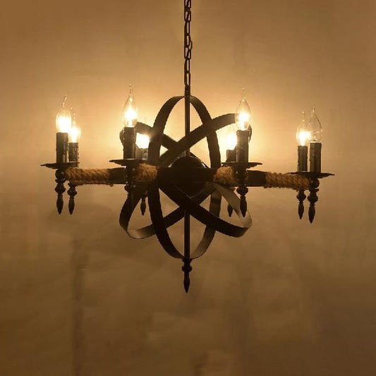 Orbit Cage Metal Chandelier Lamp with Candle Design Antique Style 8 Lights Living Room Pendant Light Fixture in Black Clearhalo 'Cast Iron' 'Ceiling Lights' 'Chandeliers' 'Industrial Chandeliers' 'Industrial' 'Metal' 'Middle Century Chandeliers' 'Rustic Chandeliers' 'Tiffany' Lighting' 105586