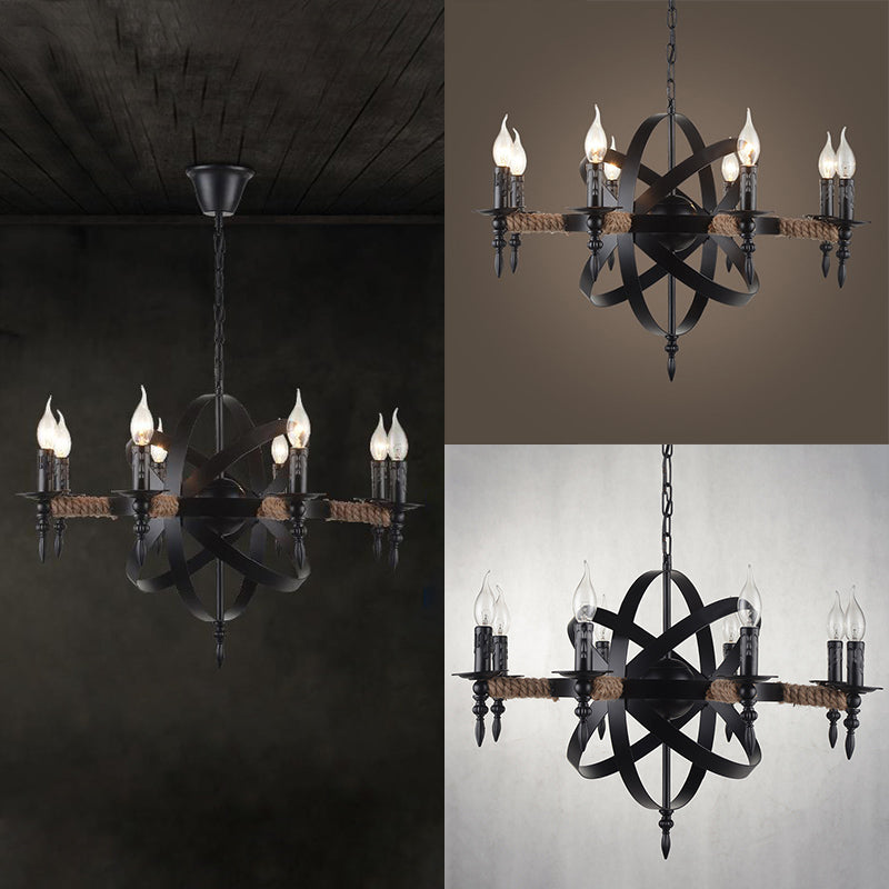 Orbit Cage Metal Chandelier Lamp with Candle Design Antique Style 8 Lights Living Room Pendant Light Fixture in Black Clearhalo 'Cast Iron' 'Ceiling Lights' 'Chandeliers' 'Industrial Chandeliers' 'Industrial' 'Metal' 'Middle Century Chandeliers' 'Rustic Chandeliers' 'Tiffany' Lighting' 105587