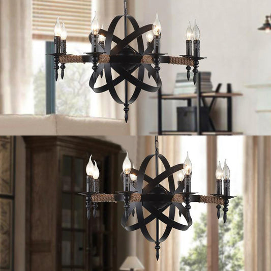 Orbit Cage Metal Chandelier Lamp with Candle Design Antique Style 8 Lights Living Room Pendant Light Fixture in Black Clearhalo 'Cast Iron' 'Ceiling Lights' 'Chandeliers' 'Industrial Chandeliers' 'Industrial' 'Metal' 'Middle Century Chandeliers' 'Rustic Chandeliers' 'Tiffany' Lighting' 105588