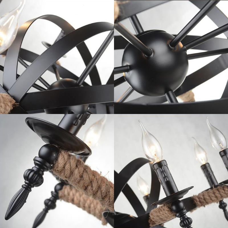 Orbit Cage Metal Chandelier Lamp with Candle Design Antique Style 8 Lights Living Room Pendant Light Fixture in Black Clearhalo 'Cast Iron' 'Ceiling Lights' 'Chandeliers' 'Industrial Chandeliers' 'Industrial' 'Metal' 'Middle Century Chandeliers' 'Rustic Chandeliers' 'Tiffany' Lighting' 105589