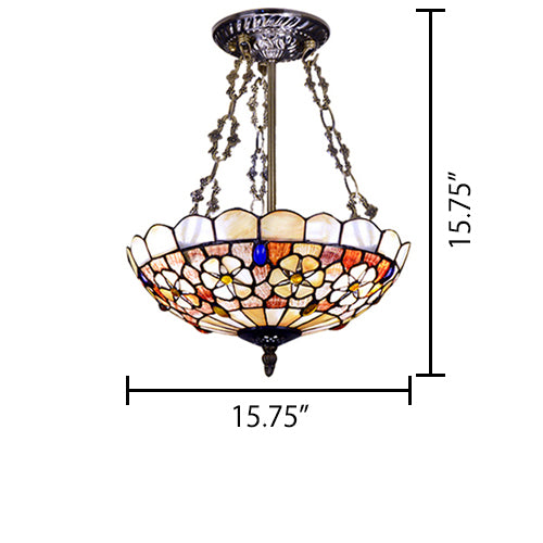 LED Bedroom Ceiling Light, 3 Lights Hollow-out Semi Flush Light in Aged Brass with Rod and Art Glass Shade Tiffany Style Clearhalo 'Ceiling Lights' 'Close To Ceiling Lights' 'Close to ceiling' 'Semi-flushmount' 'Tiffany close to ceiling' 'Tiffany' Lighting' 105675