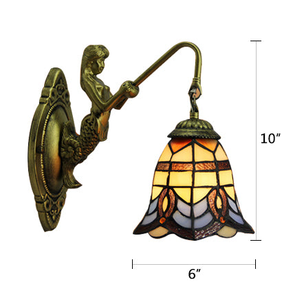 Bell Stained Glass Sconce Lighting Baroque 1 Head 6"/8" Wide Bronze Wall Mounted Light with Mermaid Backplate Clearhalo 'Industrial' 'Middle century wall lights' 'Tiffany wall lights' 'Tiffany' 'Wall Lamps & Sconces' 'Wall Lights' Lighting' 105727