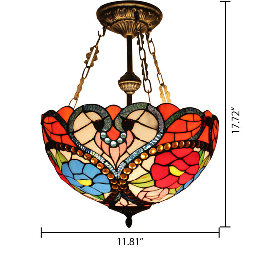 Stained Glass Ceiling Light, Victorian Domed Semi Flush Mount Lighting with Rod and Flower Pattern Clearhalo 'Ceiling Lights' 'Close To Ceiling Lights' 'Close to ceiling' 'Glass shade' 'Glass' 'Semi-flushmount' 'Tiffany close to ceiling' 'Tiffany' Lighting' 105732