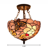 Bedroom Ceiling Lights LED, Victorian Floral Semi Flush Light with Chain and Stained Glass Shade, 12" W Clearhalo 'Ceiling Lights' 'Close To Ceiling Lights' 'Close to ceiling' 'Glass shade' 'Glass' 'Semi-flushmount' 'Tiffany close to ceiling' 'Tiffany' Lighting' 105735
