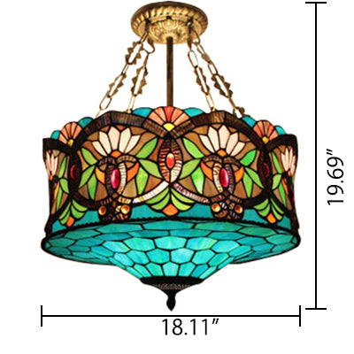 Living Room Ceiling Light LED, Stained Glass Drum Lighting Baroque Style, 18" W Clearhalo 'Ceiling Lights' 'Close To Ceiling Lights' 'Close to ceiling' 'Glass shade' 'Glass' 'Tiffany close to ceiling' 'Tiffany' Lighting' 105740