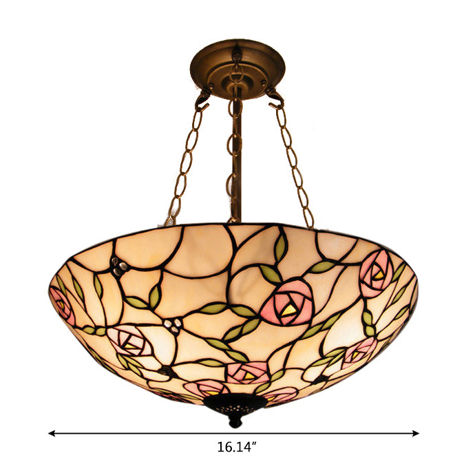 Tiffany Ceiling Lights LED, 3-Light Stained Glass Domed Semi Flush Light in Aged Brass with Chain and Rose Pattern Clearhalo 'Ceiling Lights' 'Close To Ceiling Lights' 'Close to ceiling' 'Glass shade' 'Glass' 'Pendant Lights' 'Semi-flushmount' 'Tiffany close to ceiling' 'Tiffany' Lighting' 105744
