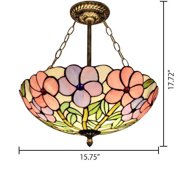 Tiffany Ceiling Lights LED, 3-Light Stained Glass Domed Semi Flush Light in Aged Brass with Chain and Rose Pattern Clearhalo 'Ceiling Lights' 'Close To Ceiling Lights' 'Close to ceiling' 'Glass shade' 'Glass' 'Pendant Lights' 'Semi-flushmount' 'Tiffany close to ceiling' 'Tiffany' Lighting' 105745