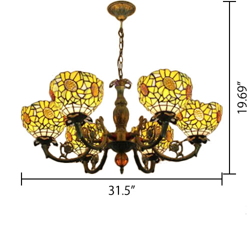 6 Lights Sunflower Hanging Light Tiffany Style Stained Glass Chandelier Lighting for Bedroom Clearhalo 'Ceiling Lights' 'Chandeliers' 'Industrial' 'Middle Century Chandeliers' 'Pendant Lights' 'Tiffany Chandeliers' 'Tiffany close to ceiling' 'Tiffany' Lighting' 105847