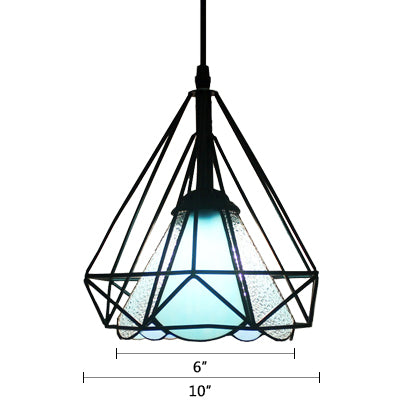 Stained Glass Cone Pendant Light with Diamond Cage 1 Light Industrial Hanging Lamp for Restaurant Clearhalo 'Ceiling Lights' 'Close To Ceiling Lights' 'Industrial' 'Middle Century Pendants' 'Pendant Lights' 'Pendants' 'Tiffany close to ceiling' 'Tiffany Pendants' 'Tiffany' Lighting' 105854