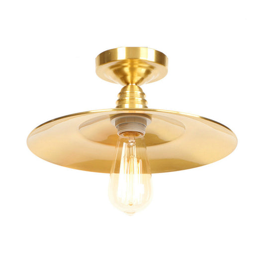Gold Saucer Flush Mount Ceiling Light Single Head Industrial Metal Ceiling Fixture for Living Room Brass 8" Clearhalo 'Ceiling Lights' 'Close To Ceiling Lights' 'Close to ceiling' 'Flush mount' 'Industrial Flush Mount' Lighting' 105945